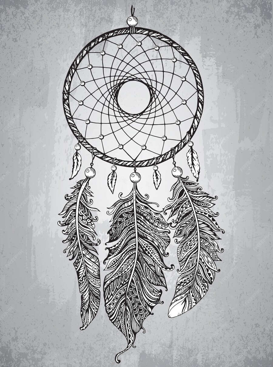 Premium Vector | Hand drawn dream catcher with feathers in zentangle style.