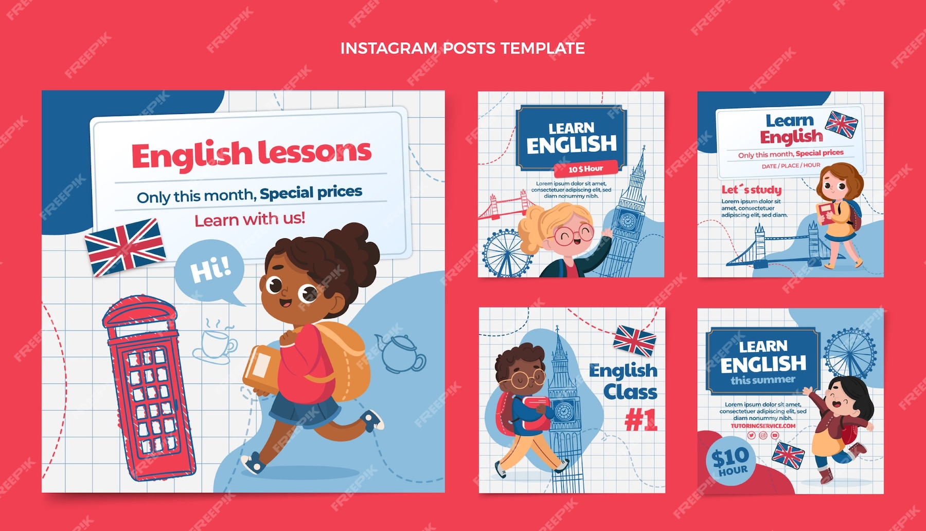 Premium Vector | Hand drawn english lessons instagram posts