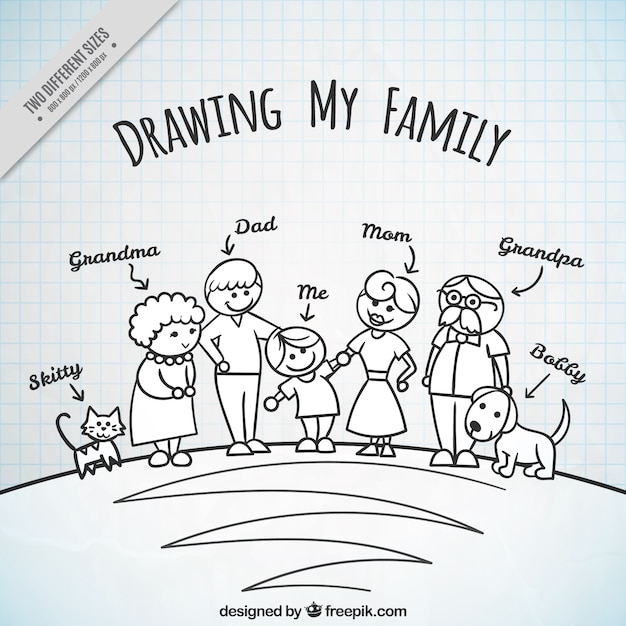 Hand drawn family background with pets