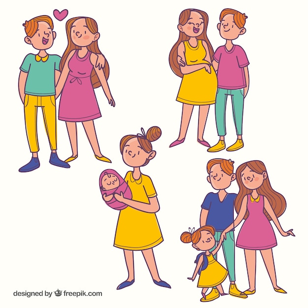 Hand drawn family in different life\
stages