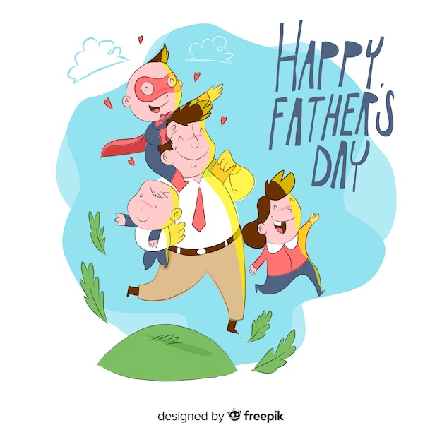 Hand drawn Father's day Illustration Free Vector - Happy Father with 3 Kids