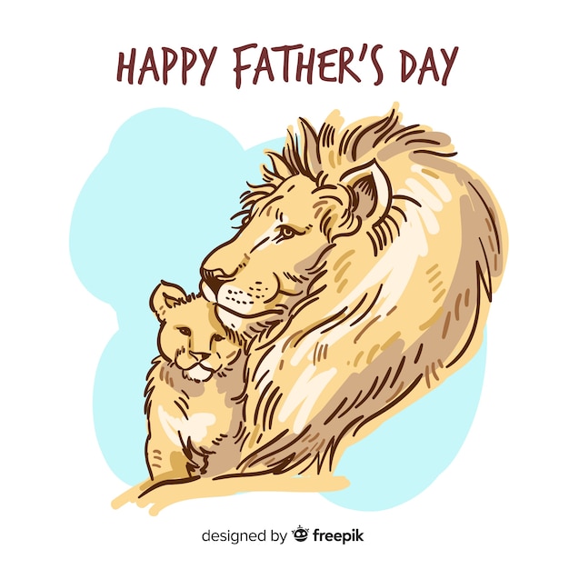 Hand drawn Father's day Lion and Cub Free Vector