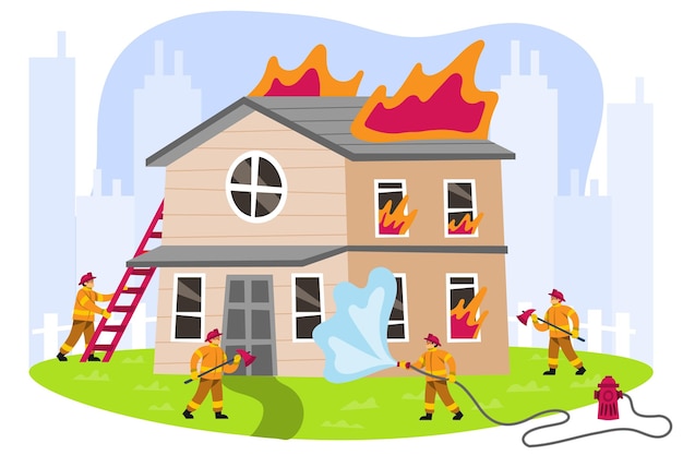 Free Vector | Hand drawn firefighters putting out a fire together