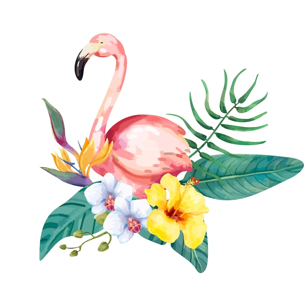 熱帯の花と手描きのフラミンゴの鳥 プレミアムベクター