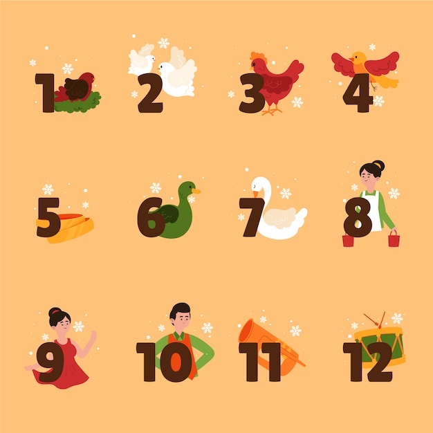 Free Vector Hand Drawn Flat 12 Days Of Christmas Illustration 2273