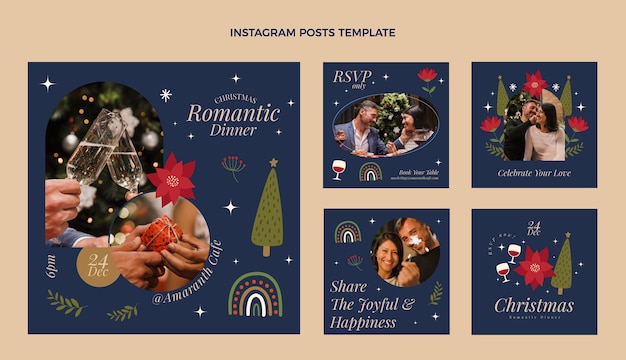 Hand drawn flat Christmas Instagram posts collection Free Vector - Blue Background