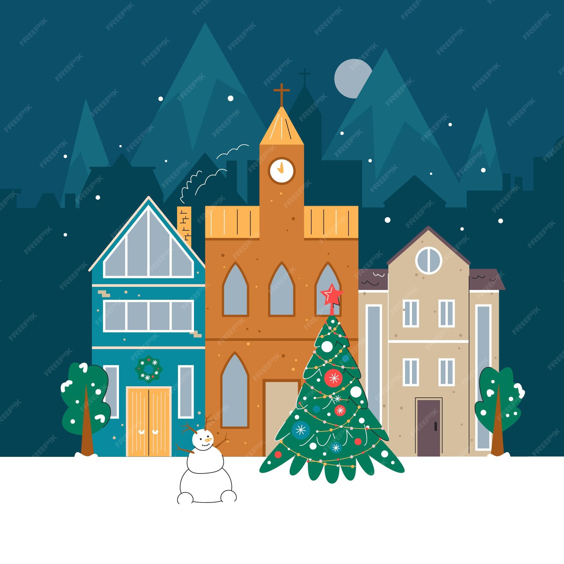 Free Vector | Hand drawn flat christmas village illustration