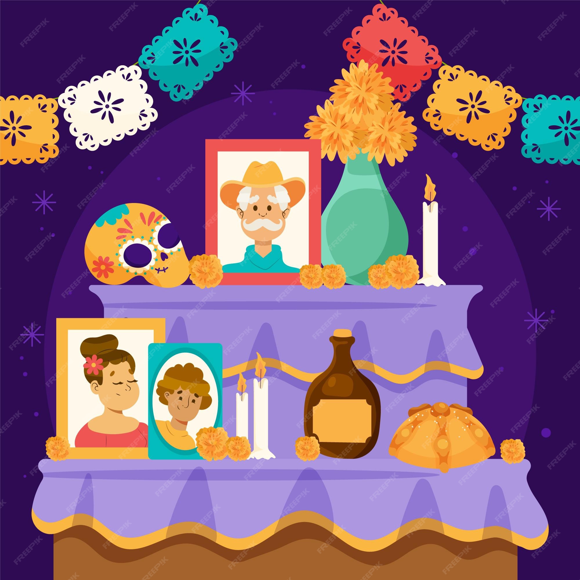 Free Vector Hand drawn flat dia de muertos family home altar illustration