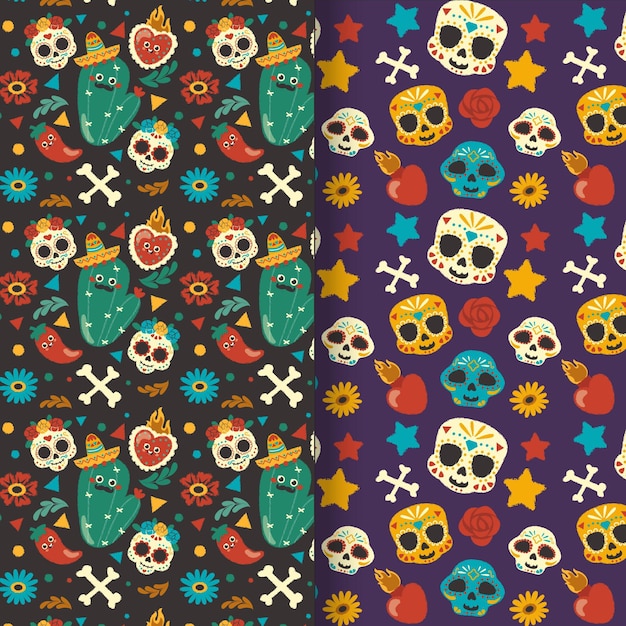 Premium Vector Hand drawn flat dia de muertos patterns collection