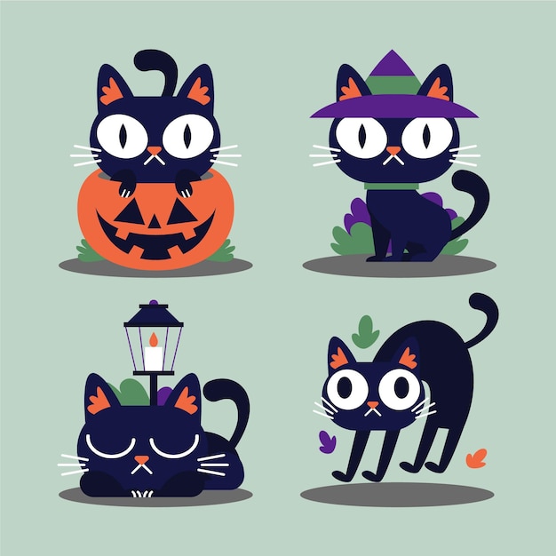 Premium Vector | Hand drawn flat halloween black cats collection