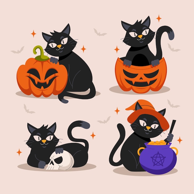 Premium Vector | Hand drawn flat halloween black cats collection