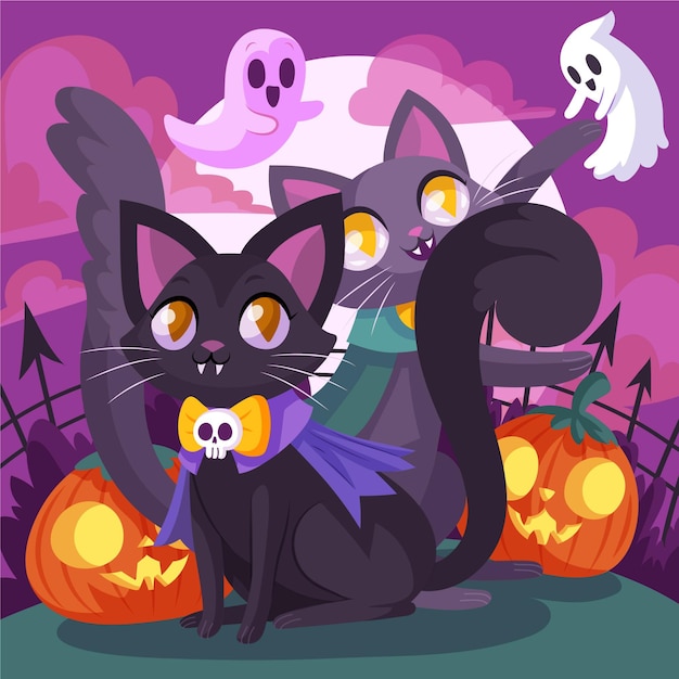 手描きフラットハロウィン猫イラスト 無料のベクター