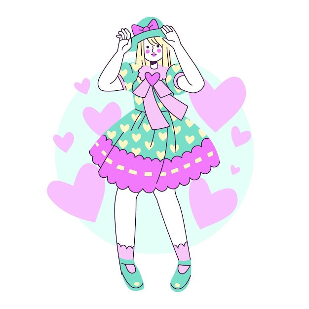 手描きフラットロリータスタイルの女の子のイラスト 無料のベクター 手描きフラットロリータスタイルの女の子のイラスト 無料のベクター