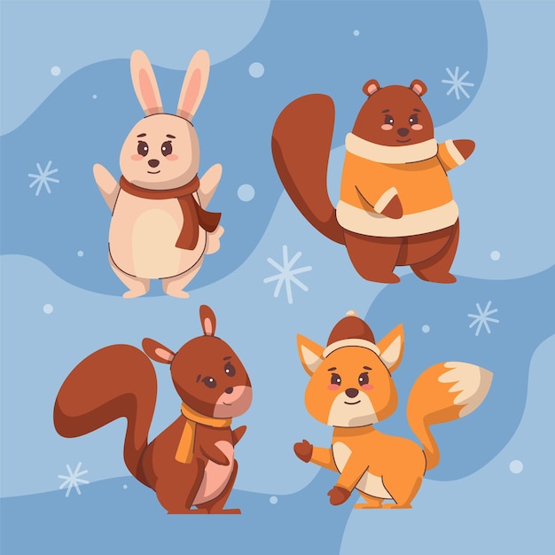 Free Vector Hand drawn flat winter animals collection