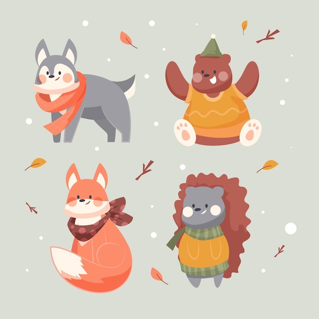 Free Vector Hand drawn flat winter animals collection