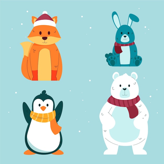 Free Vector Hand drawn flat winter animals collection