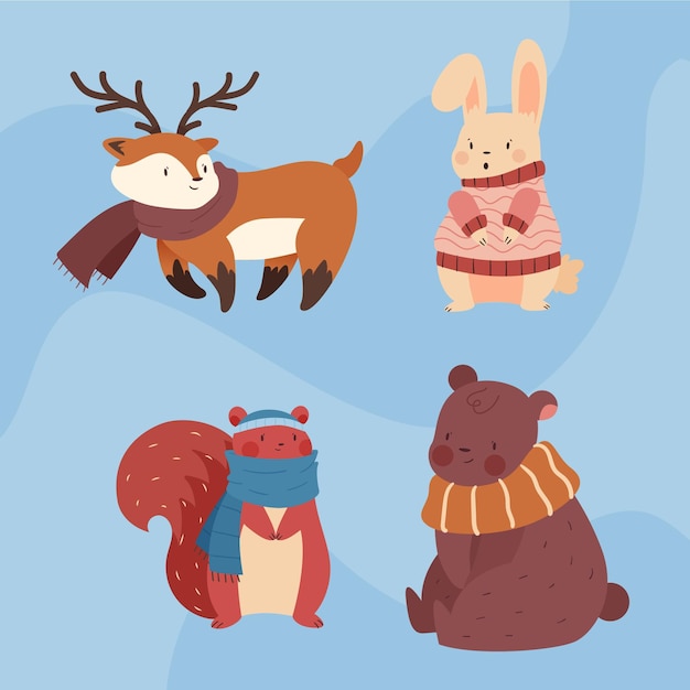 Free Vector Hand drawn flat winter animals collection
