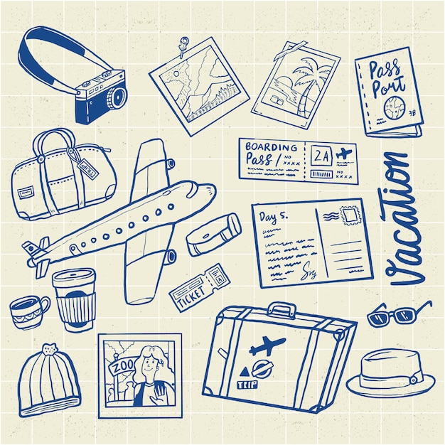 プレミアムベクター 手描きのフライト旅行休日イラストセット