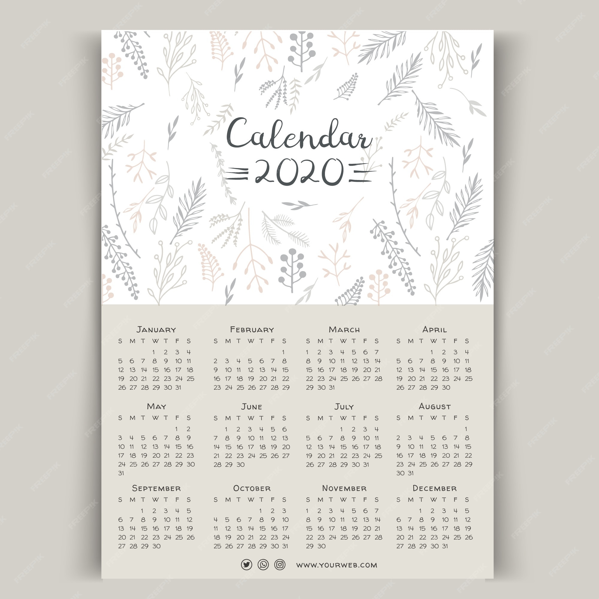 Free Vector | Hand drawn floral calendar 2020 template