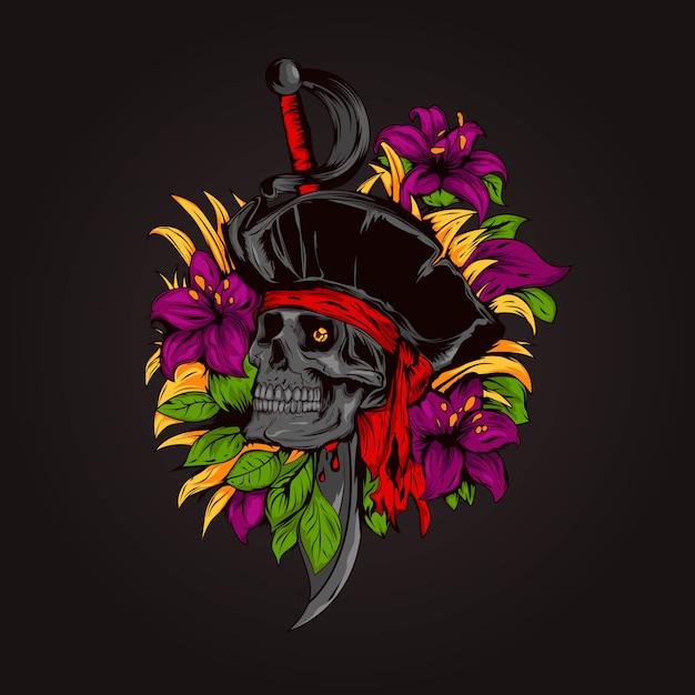 Premium Vector | Hand drawn floral wreath with pirate skull