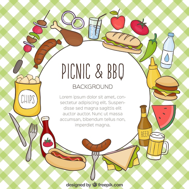 Hand drawn food for picnic and barbecue\
background