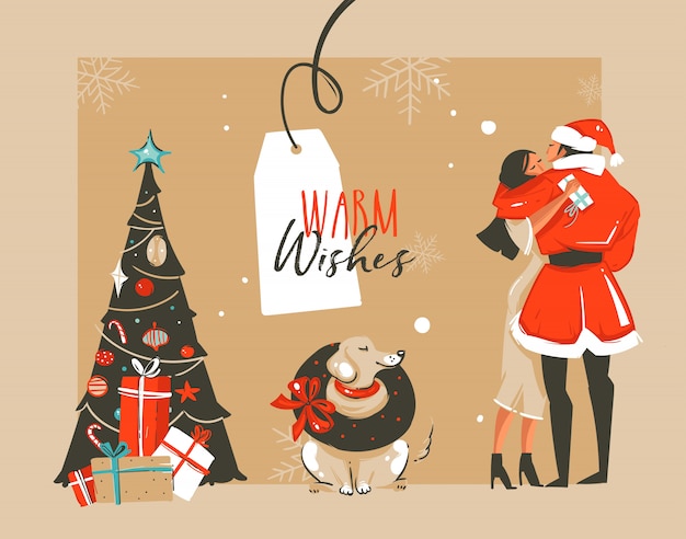 ロマンチックなカップルがキス ハグ 犬 クリスマスツリー クラフトの背景に暖かい願いのタイポグラフィと楽しいメリークリスマス時間あらいくまイラストを手描き プレミアムベクター