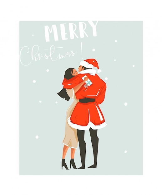 青の背景にサンタクロースの衣装でママとパパの甘いカップルにキスをして手描き楽しいメリークリスマス時間あらいくまイラストカードテンプレート プレミアムベクター