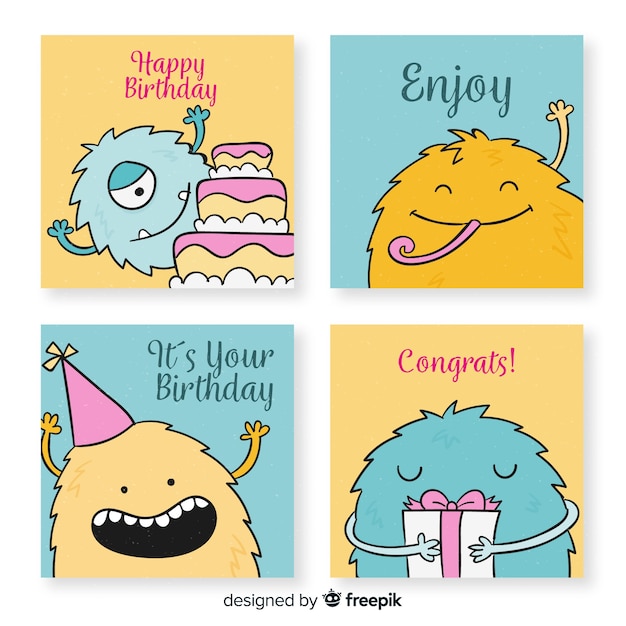 Collezione Di Cartoline Di Compleanno Divertenti Disegnati A Mano Vettore Gratis