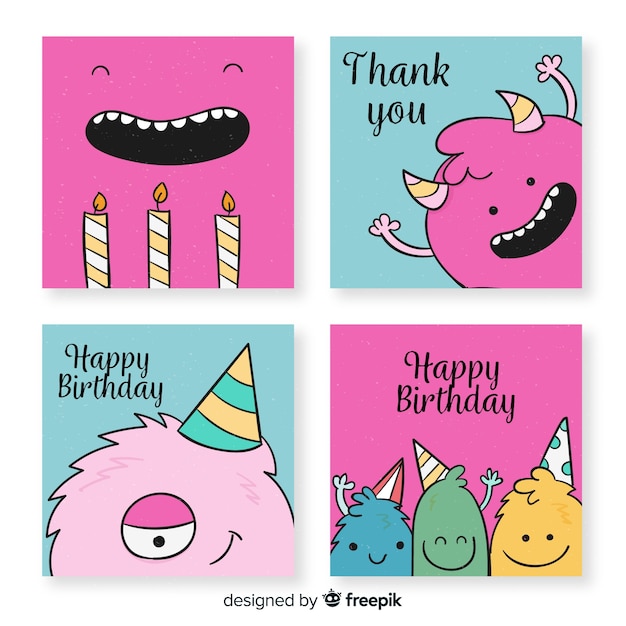 Hand Drawn Funny Birthday Card Collection Vector Free Download