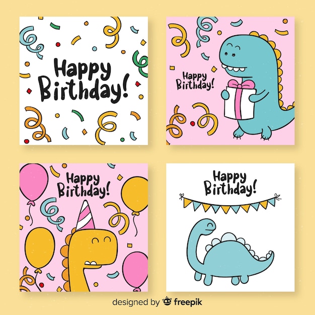Collezione Di Cartoline Di Compleanno Divertenti Disegnati A Mano Vettore Gratis
