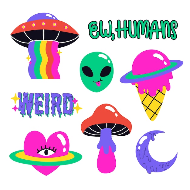 Free Vector Hand Drawn Funny Sticker Collection With Acid Colors