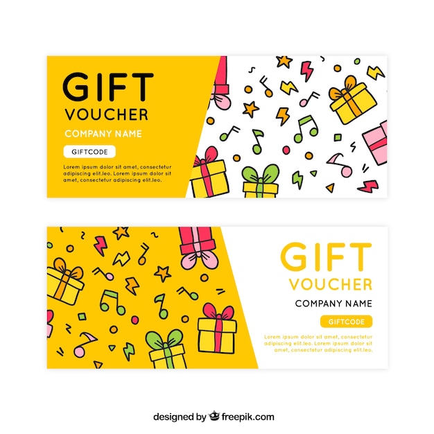 Hand-drawn Gift Vouchers With Decorative Musical Notes | Free Vector