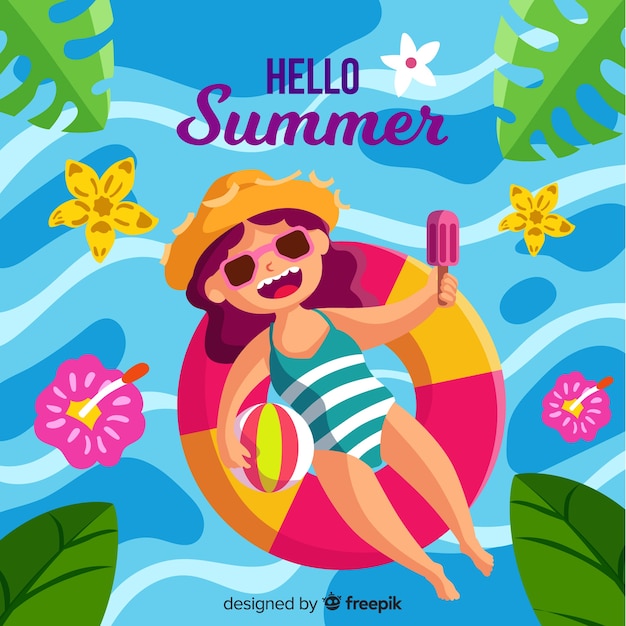 Hand drawn girl floating on swimming pool summer background Free Vector