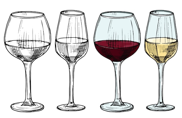 赤と白ワインのベクトルイラスト手描きグラス プレミアムベクター