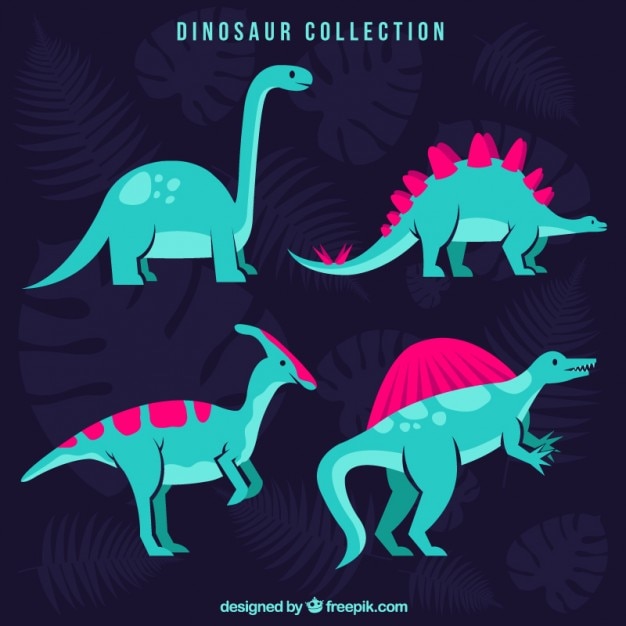 Hand drawn green dinosaurs with pink\
details
