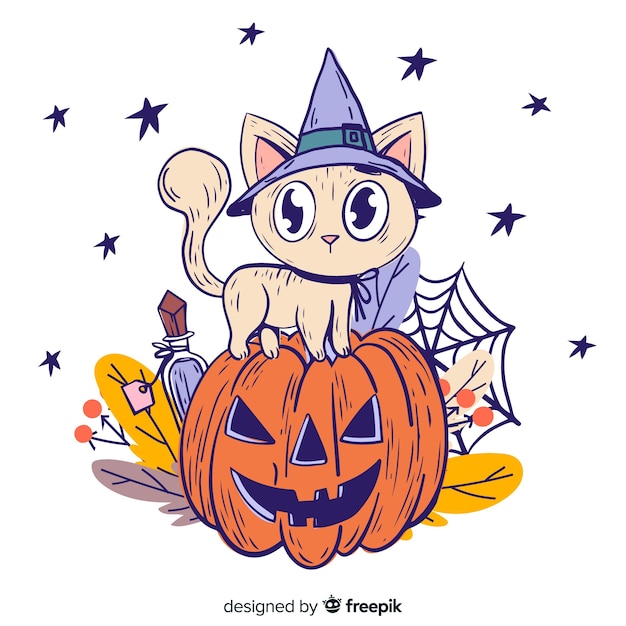 Free Vector Hand drawn of halloween cat on a pumpkin