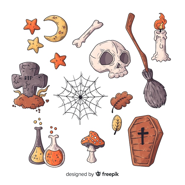 Hand drawn halloween element collection Free Vector