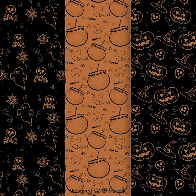 Hand drawn halloween elements pattern collection Free Vector