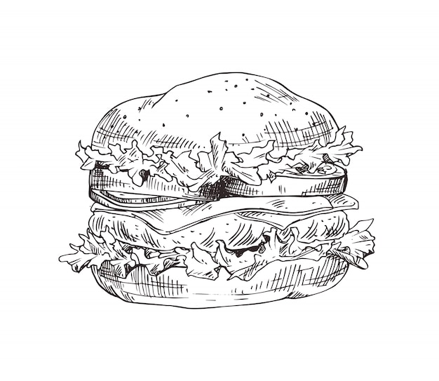 Hand drawn hamburger vector monochrome sketch Premium Vector