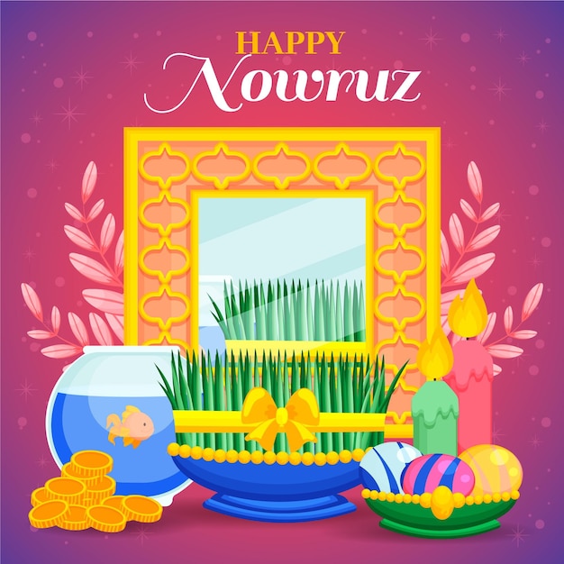 Hand-drawn happy nowruz illustration with mirror and fishbowl Premium Vector