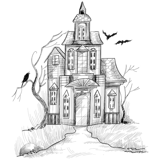 Free Vector Hand drawn haunted halloween house sketch design