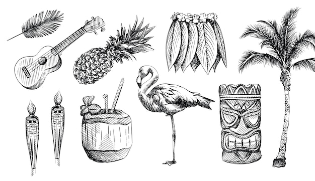 Premium Vector | Hand drawn hawaii sketch set. hawaii theme.