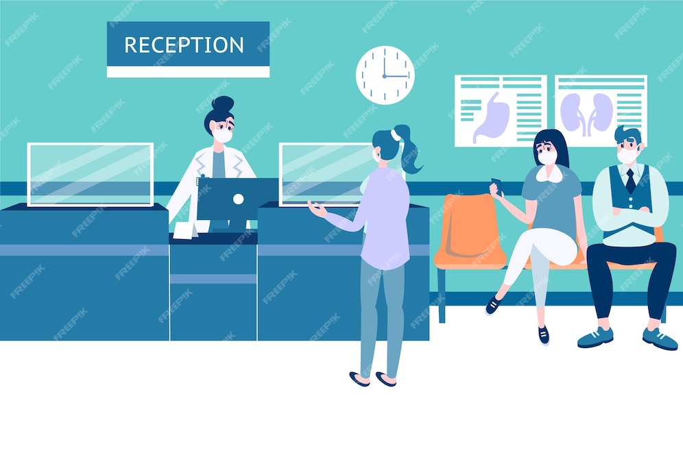 Free Vector | Hand drawn hospital reception scene with people wearing ...