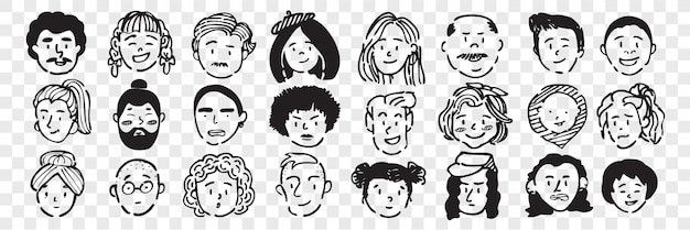 Premium Vector Hand Drawn Human Faces Doodle Set Collection Of Pen Ink Pencil Drawing Sketches Of Young Old Men Women Boys Girls Facial Expressions