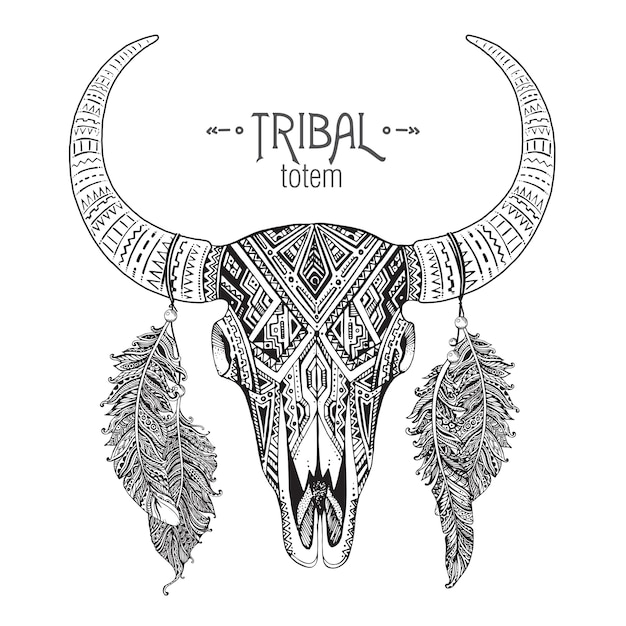 Premium Vector | Hand drawn illustration of bull skull with feathers.