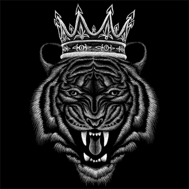 Hand drawn illustration in chalk style of tiger with crown | Premium Vector