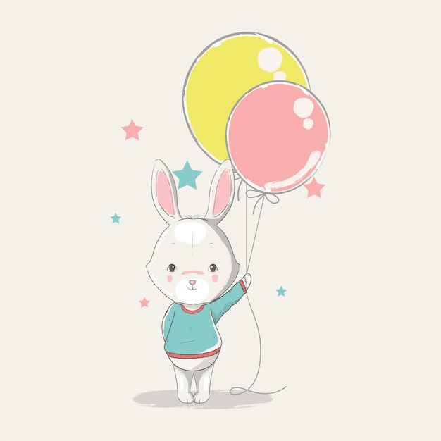 Hand drawn illustration of a cute baby bunny with balloons ...
