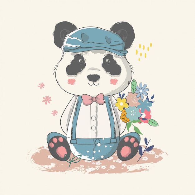 Download Hand drawn illustration of a cute baby panda with flowers ...