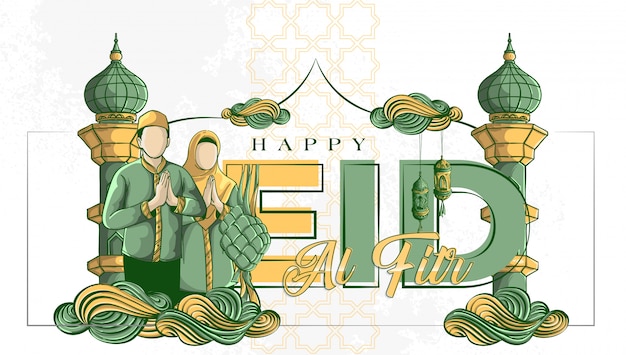 Premium Vector Hand Drawn Illustration Of Eid Al Fitr Greeting Card