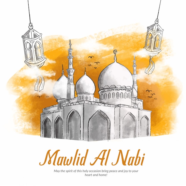 Hand drawn illustration of mawlid al nabi celebration. Premium Vector